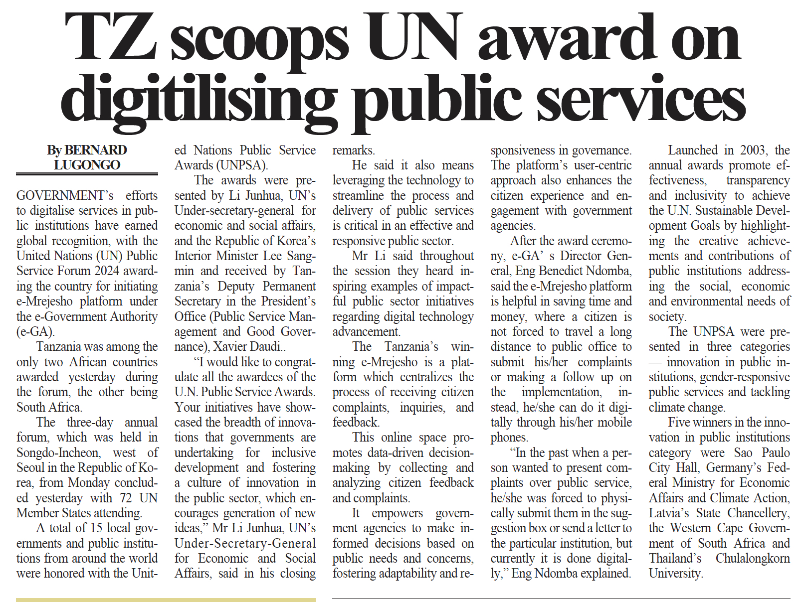TZ scoops UN award on digitilising public services